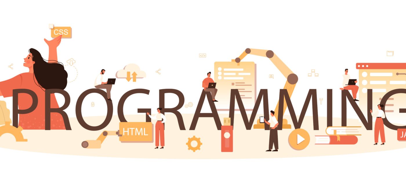 Programming typographic header. Building and development process. Web page or website development and codding. Digital specialist. Isolated flat illustration